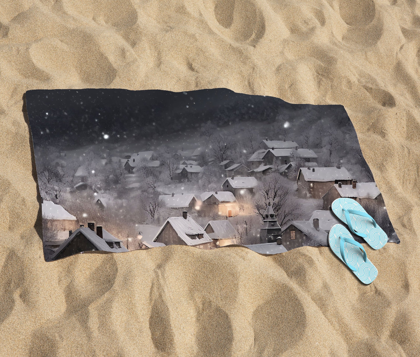 Snowfall Over A Quiet Village Beach Towel