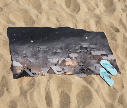 Snowfall Over A Quiet Village Beach Towel