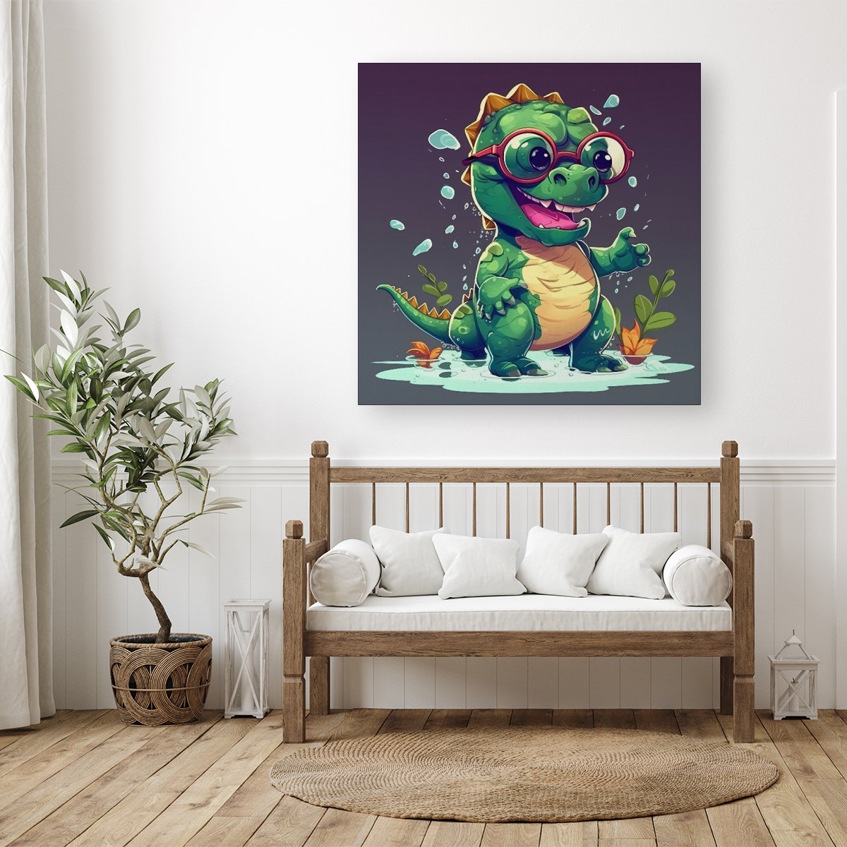 Happy Dino In A Puddle Canvas