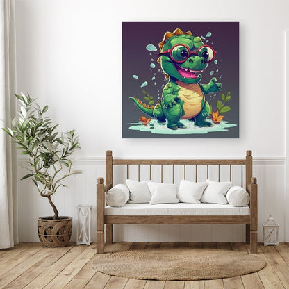 Happy Dino In A Puddle Canvas
