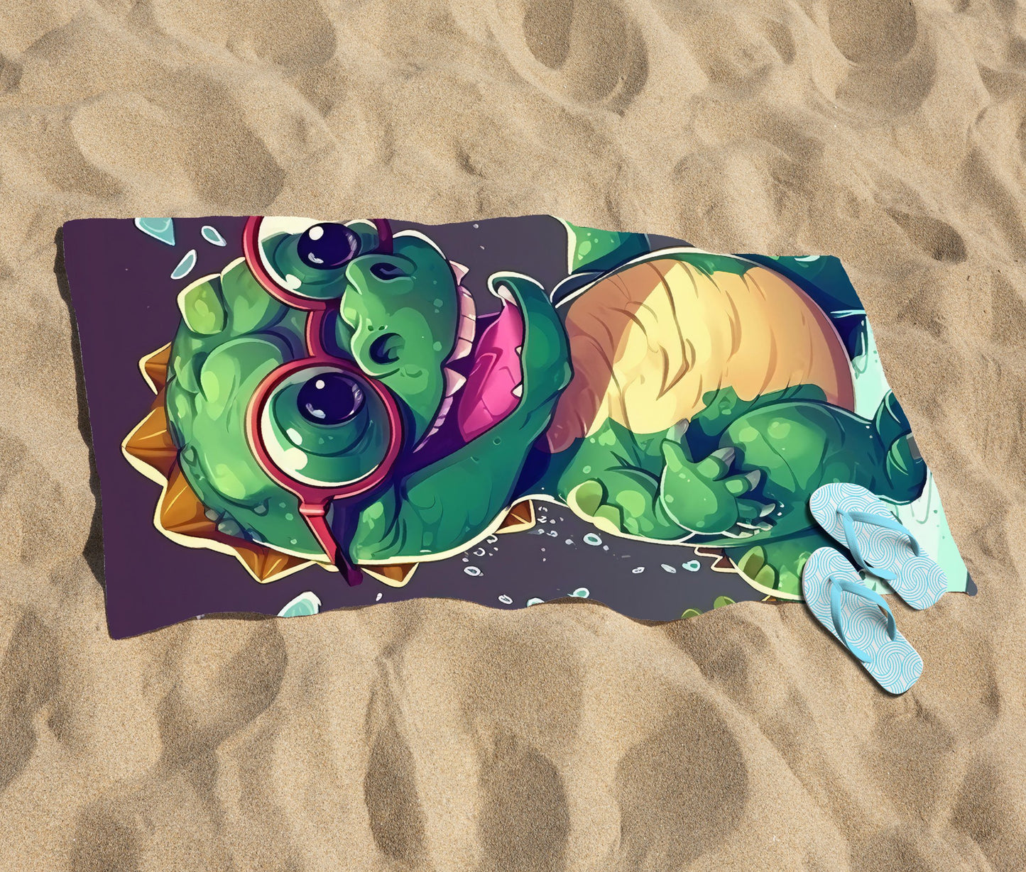 Happy Dino In A Puddle Beach Towel