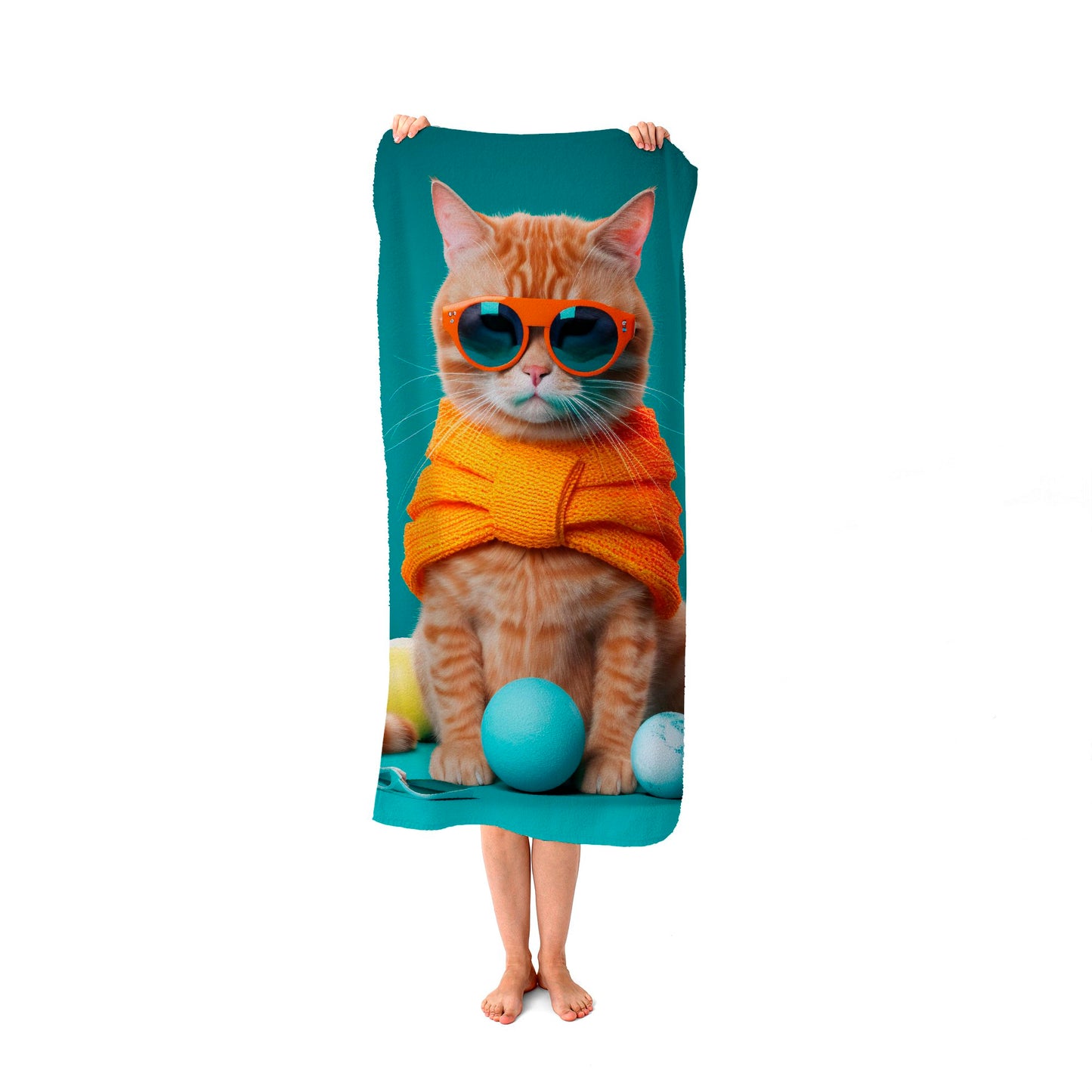 Cat In Glasses With Balls Of Wool Beach Towel