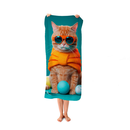 Cat In Glasses With Balls Of Wool Beach Towel