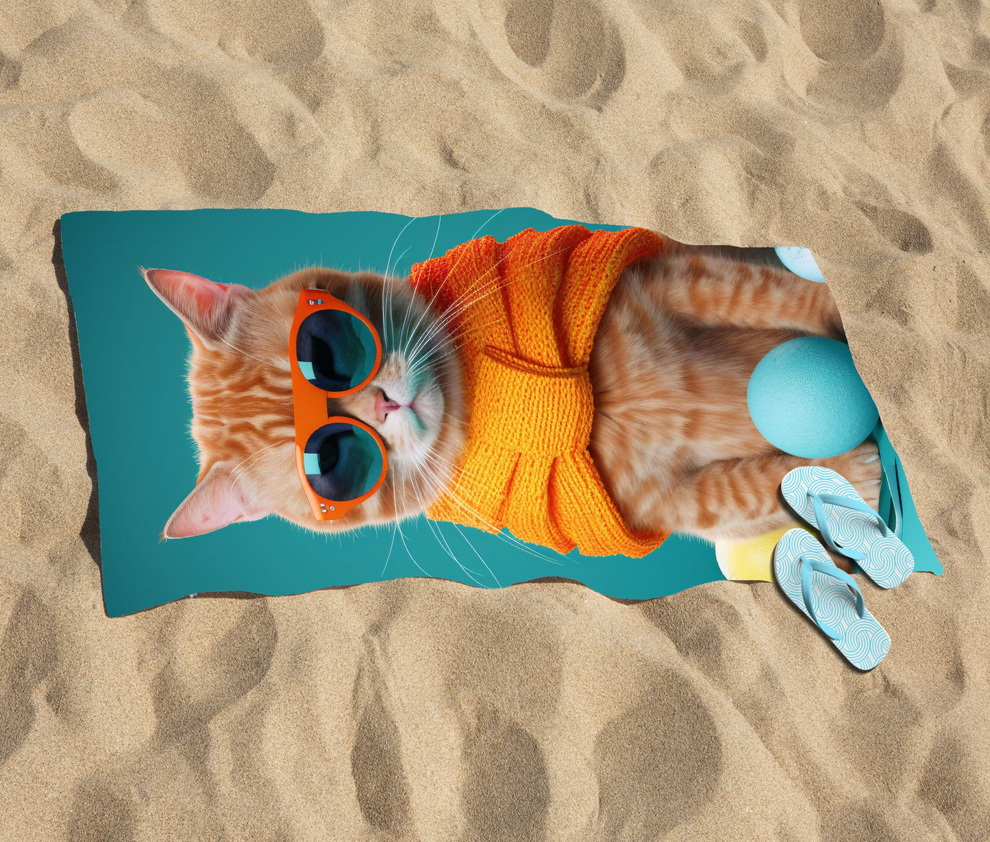 Cat In Glasses With Balls Of Wool Beach Towel