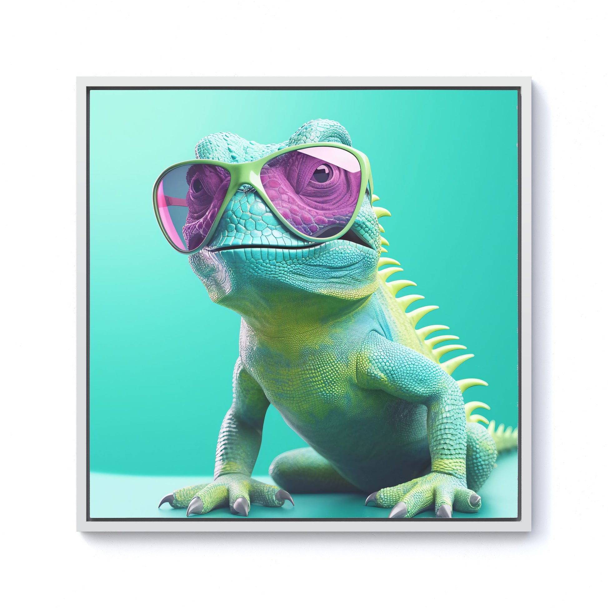 Happy Splashart Iguana Wearing Glasses Framed Canvas – Warren Reed