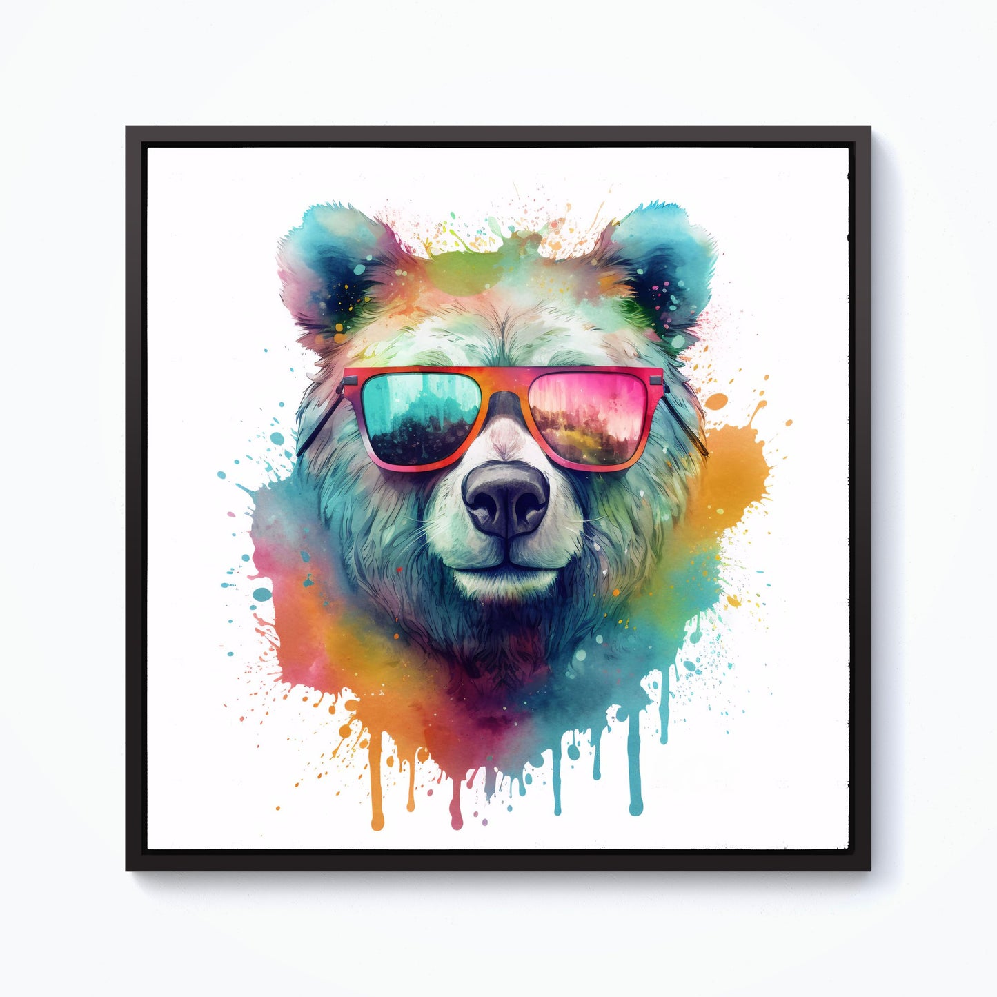 Splashart Colourful Bear In Glasses Framed Canvas