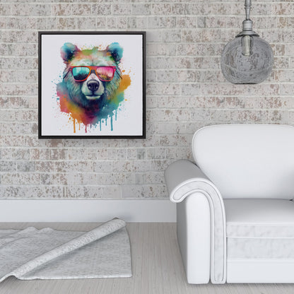 Splashart Colourful Bear In Glasses Framed Canvas
