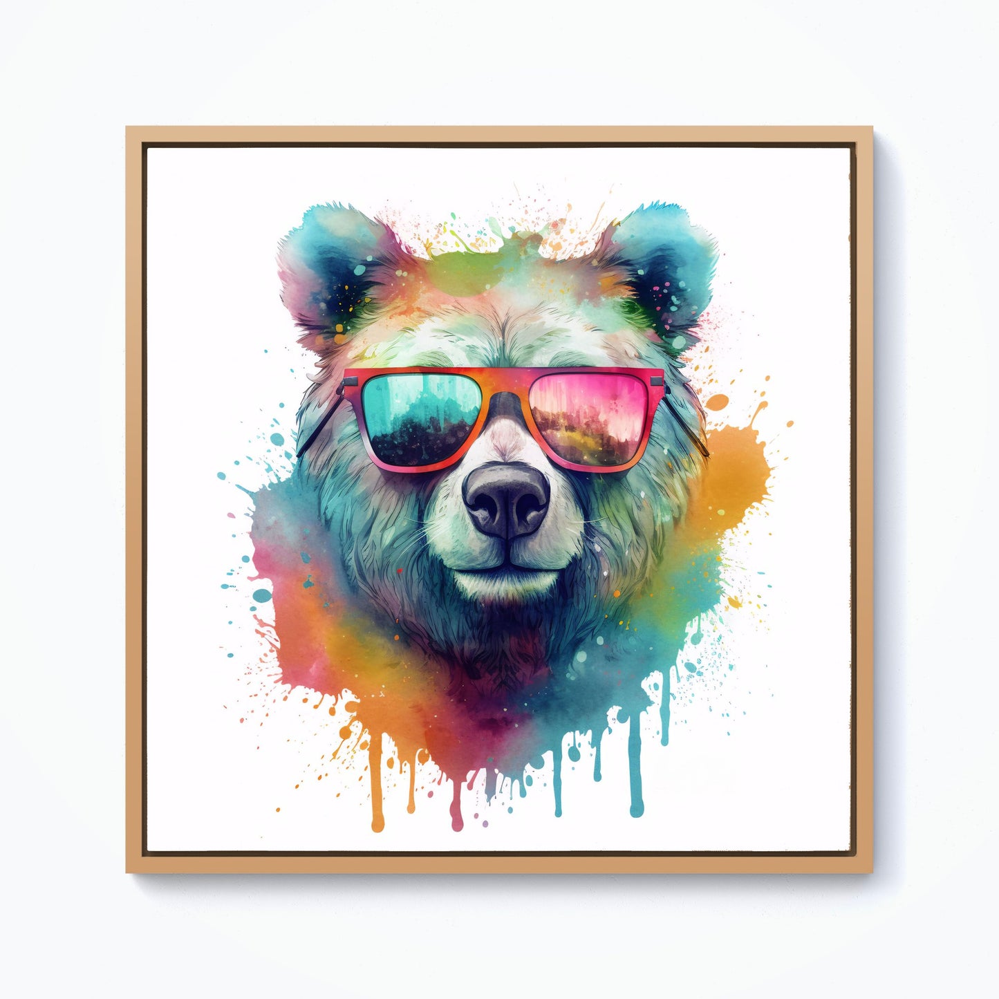 Splashart Colourful Bear In Glasses Framed Canvas