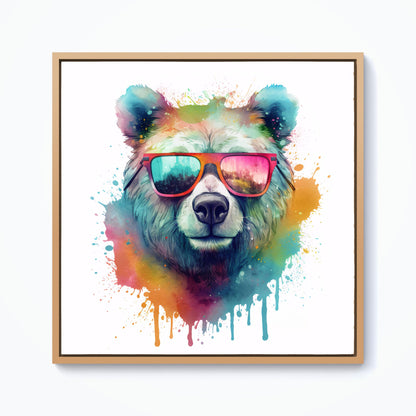 Splashart Colourful Bear In Glasses Framed Canvas