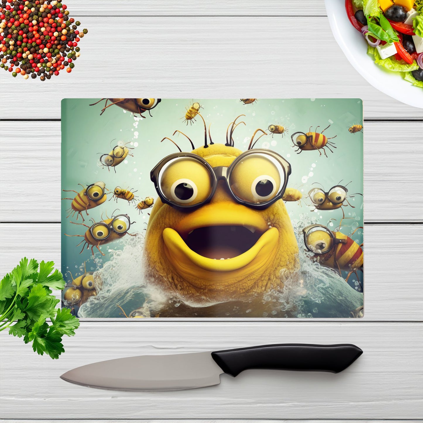 Happy Worm And Bees Splashart Chopping Board