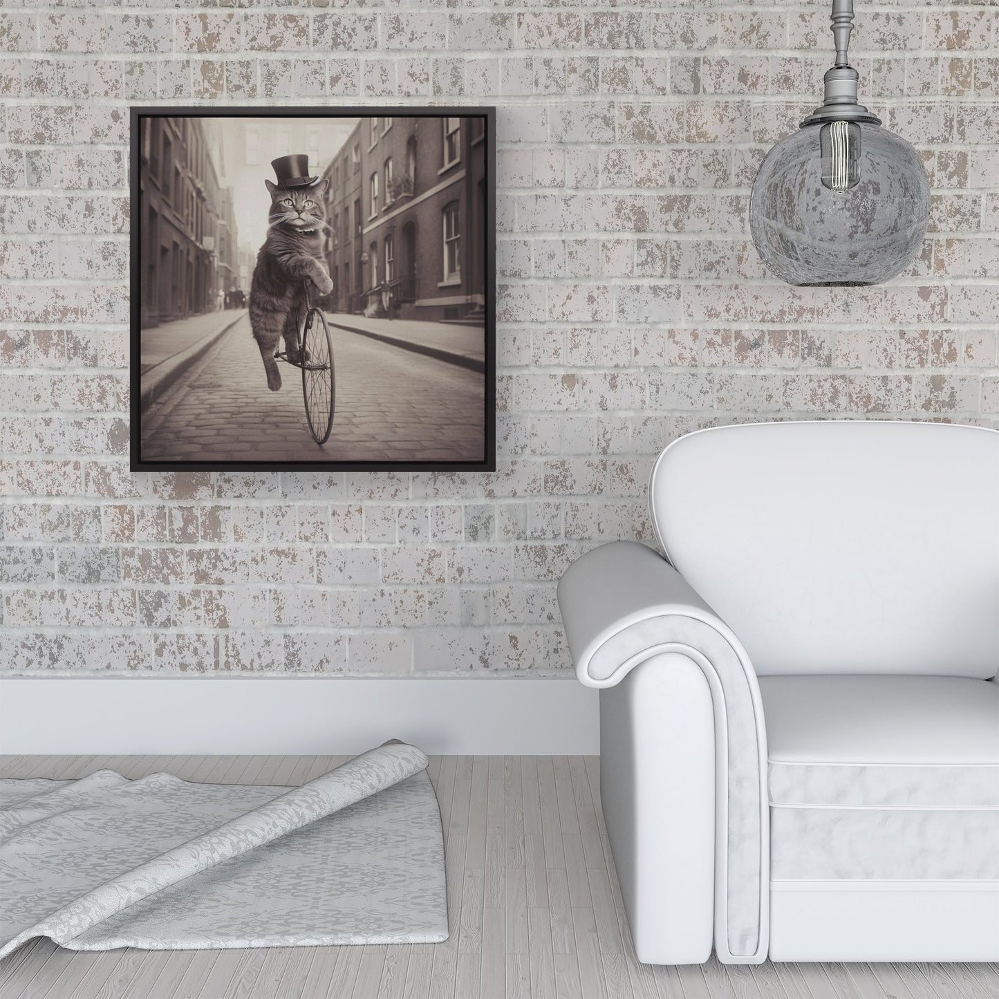 Victorian Cat Riding A Bike Framed Canvas
