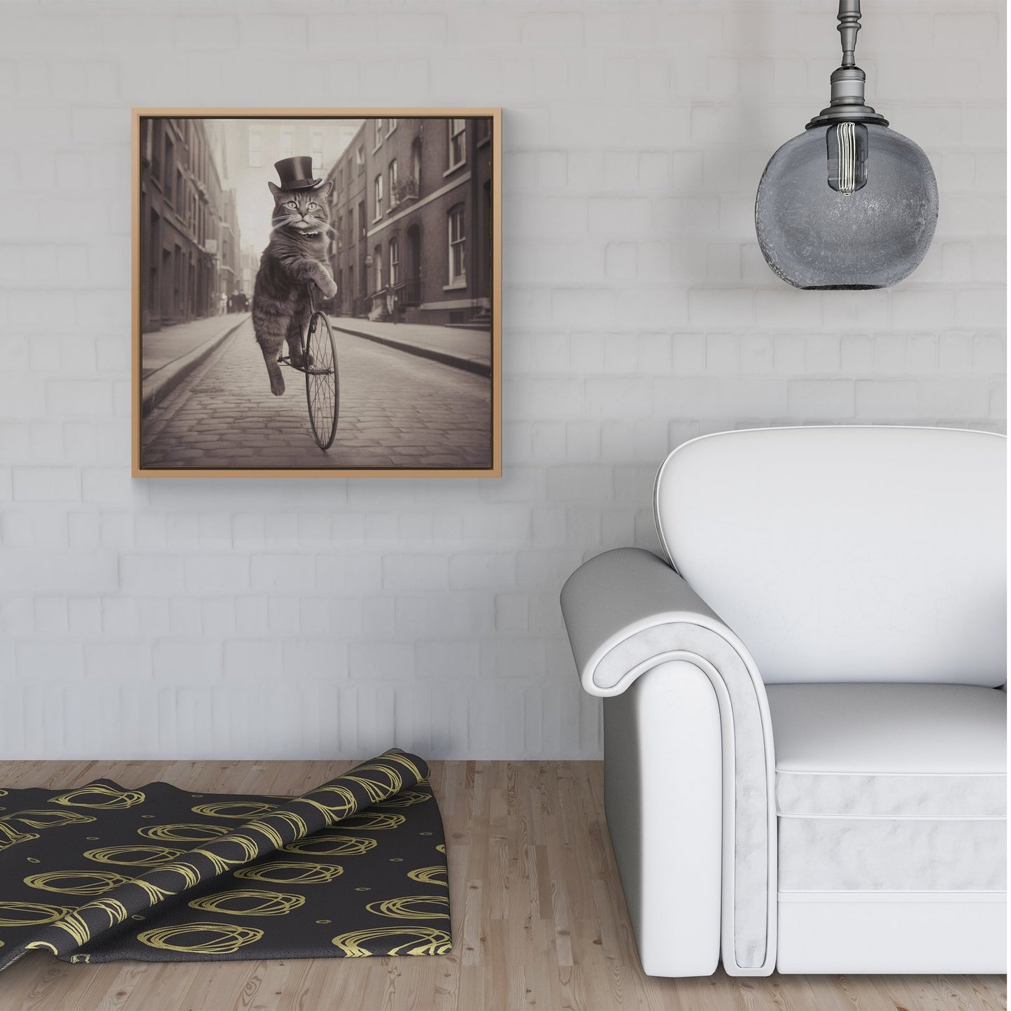 Victorian Cat Riding A Bike Framed Canvas
