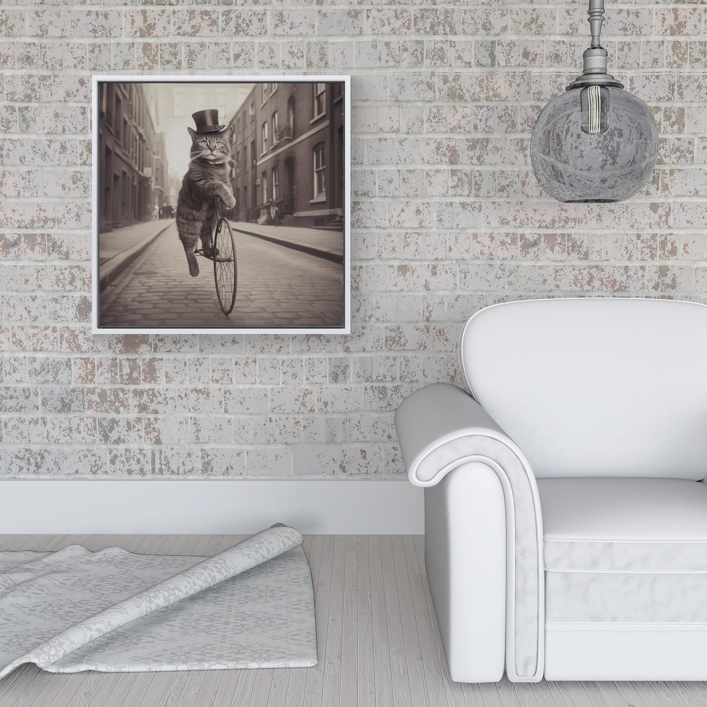Victorian Cat Riding A Bike Framed Canvas