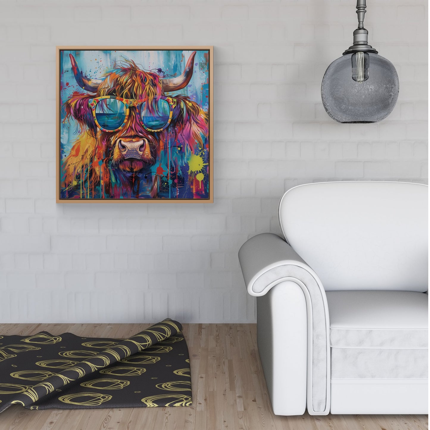 Splashart Highland Cow With Glasses Framed Canvas