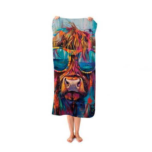 Splashart Highland Cow With Glasses Beach Towel