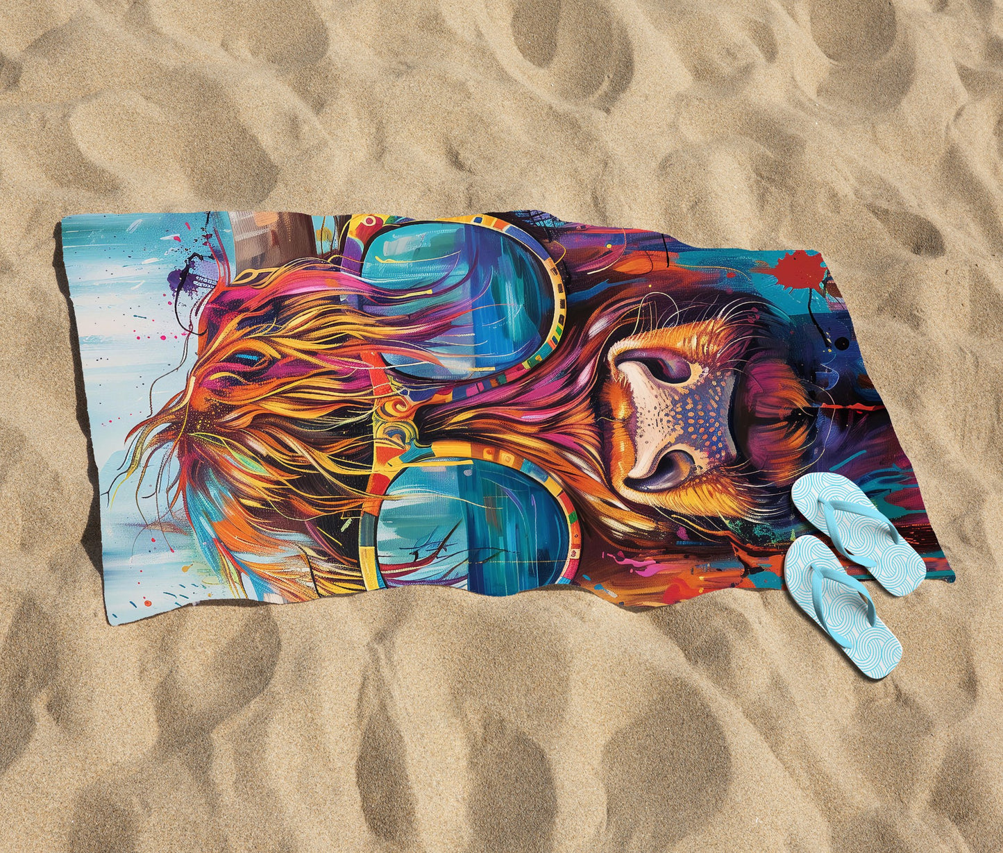Splashart Highland Cow With Glasses Beach Towel