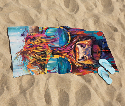 Splashart Highland Cow With Glasses Beach Towel