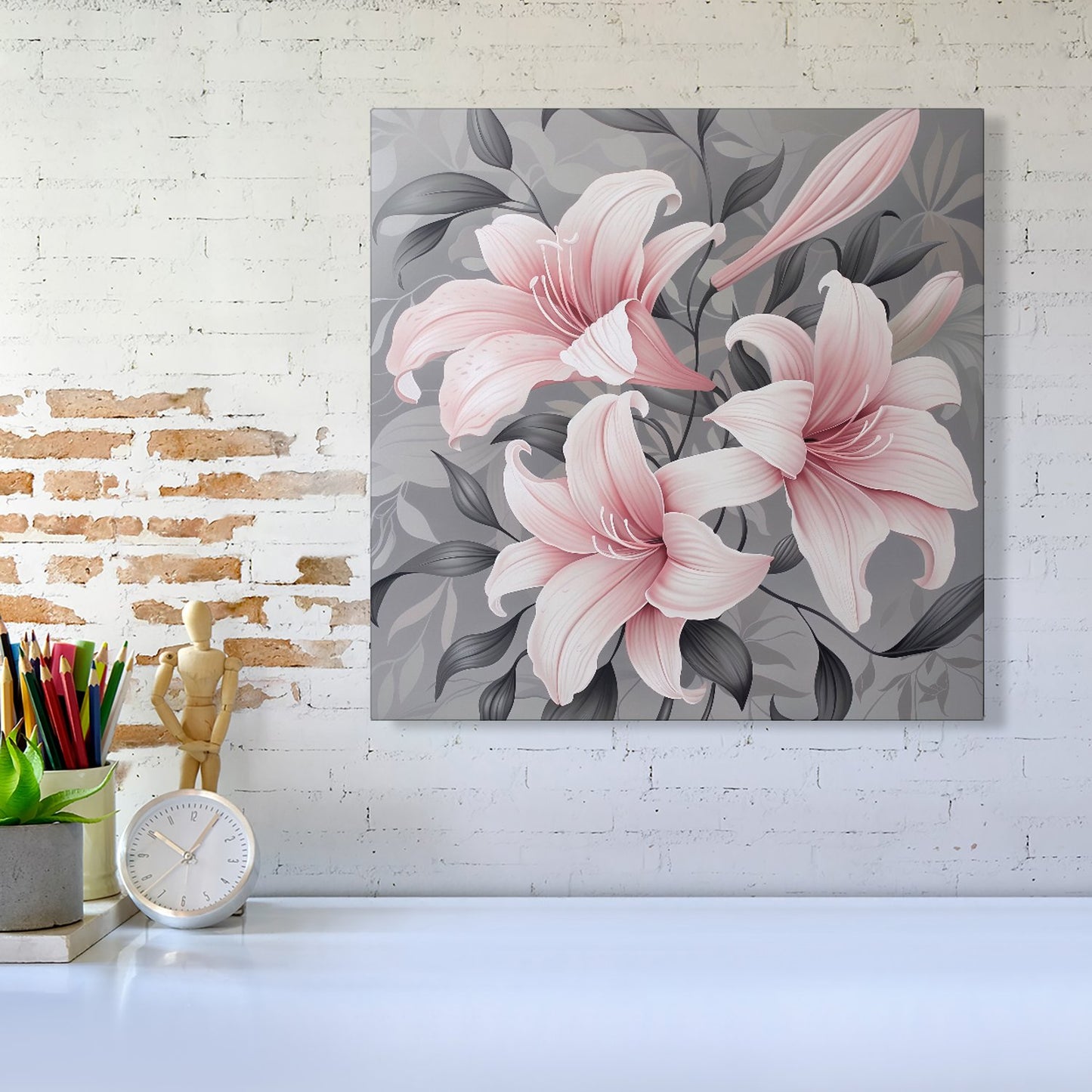 Pink Lilies On Grey Canvas