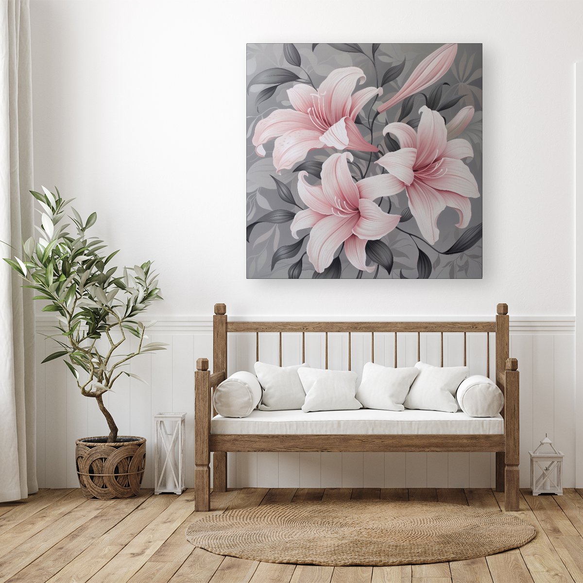 Pink Lilies On Grey Canvas