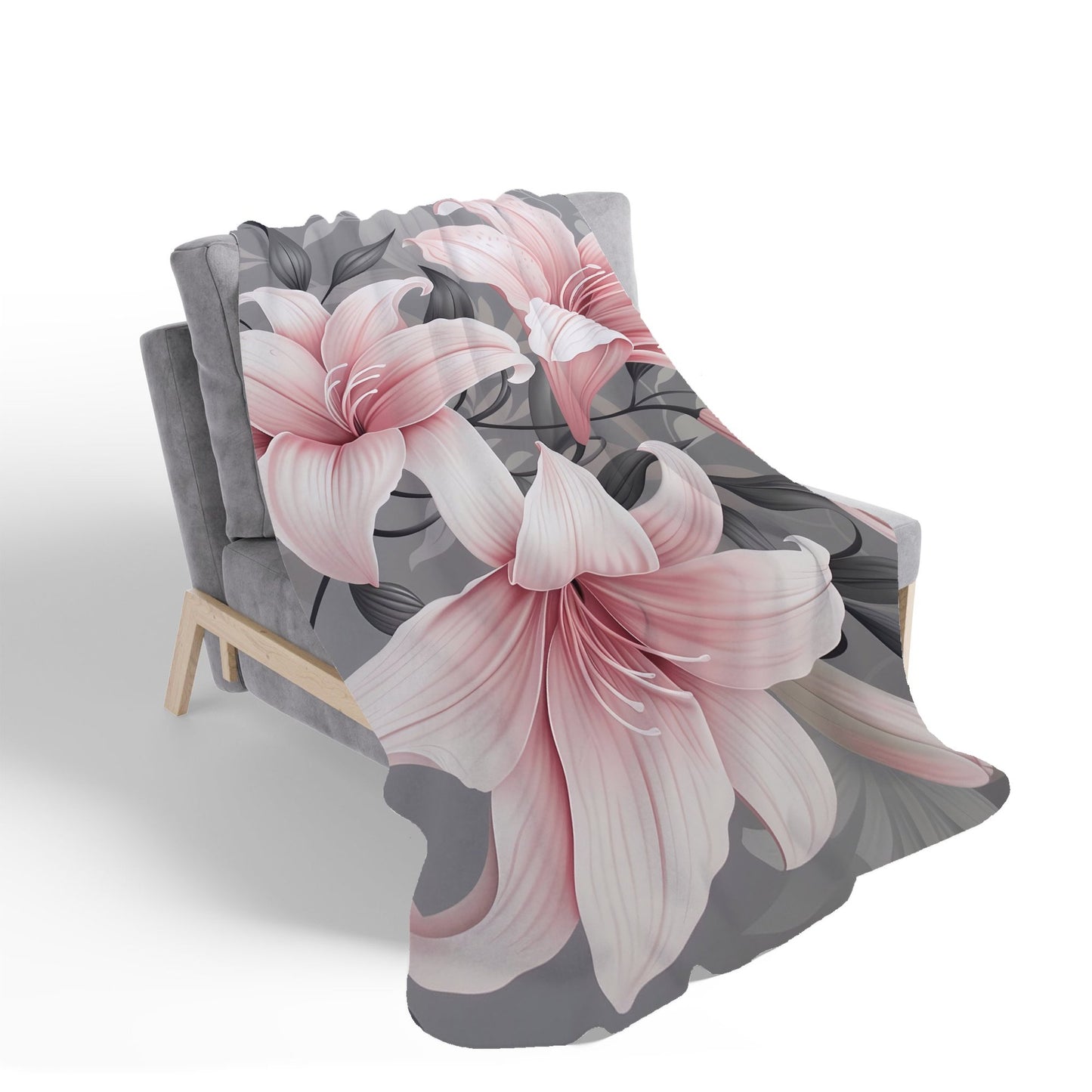 Pink Lilies On Grey Sherpa Blanket