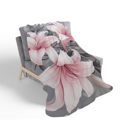 Pink Lilies On Grey Sherpa Blanket