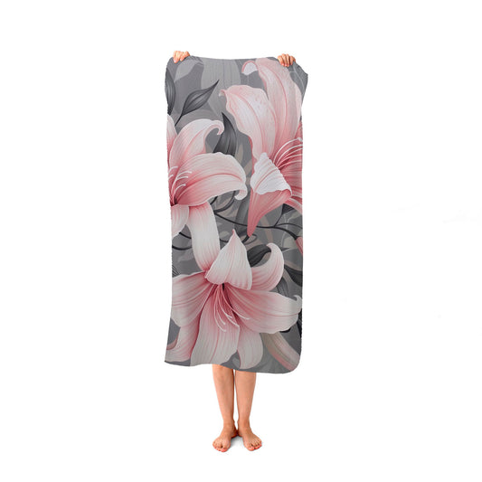 Pink Lilies On Grey Beach Towel
