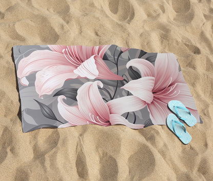 Pink Lilies On Grey Beach Towel