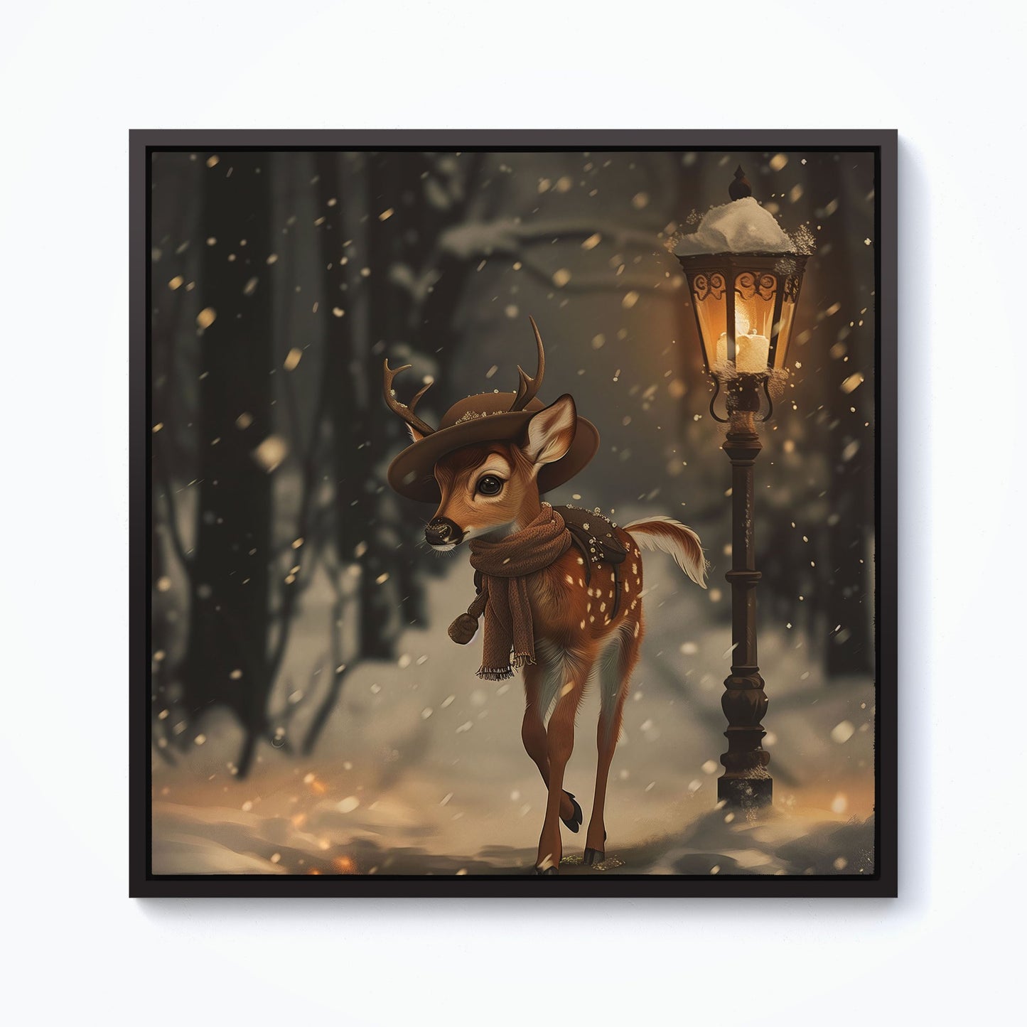 Fawn In A Snowy Scene Framed Canvas