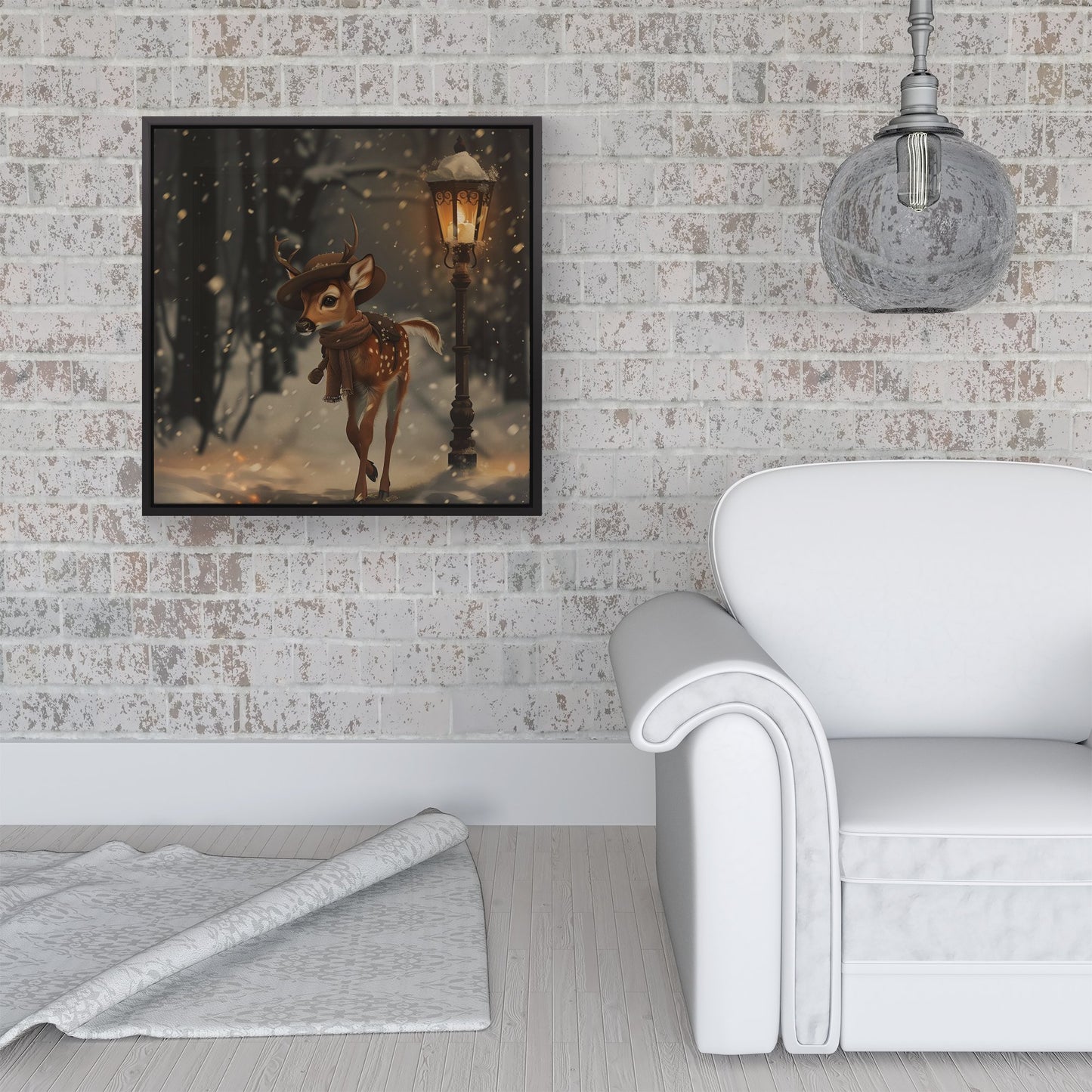 Fawn In A Snowy Scene Framed Canvas