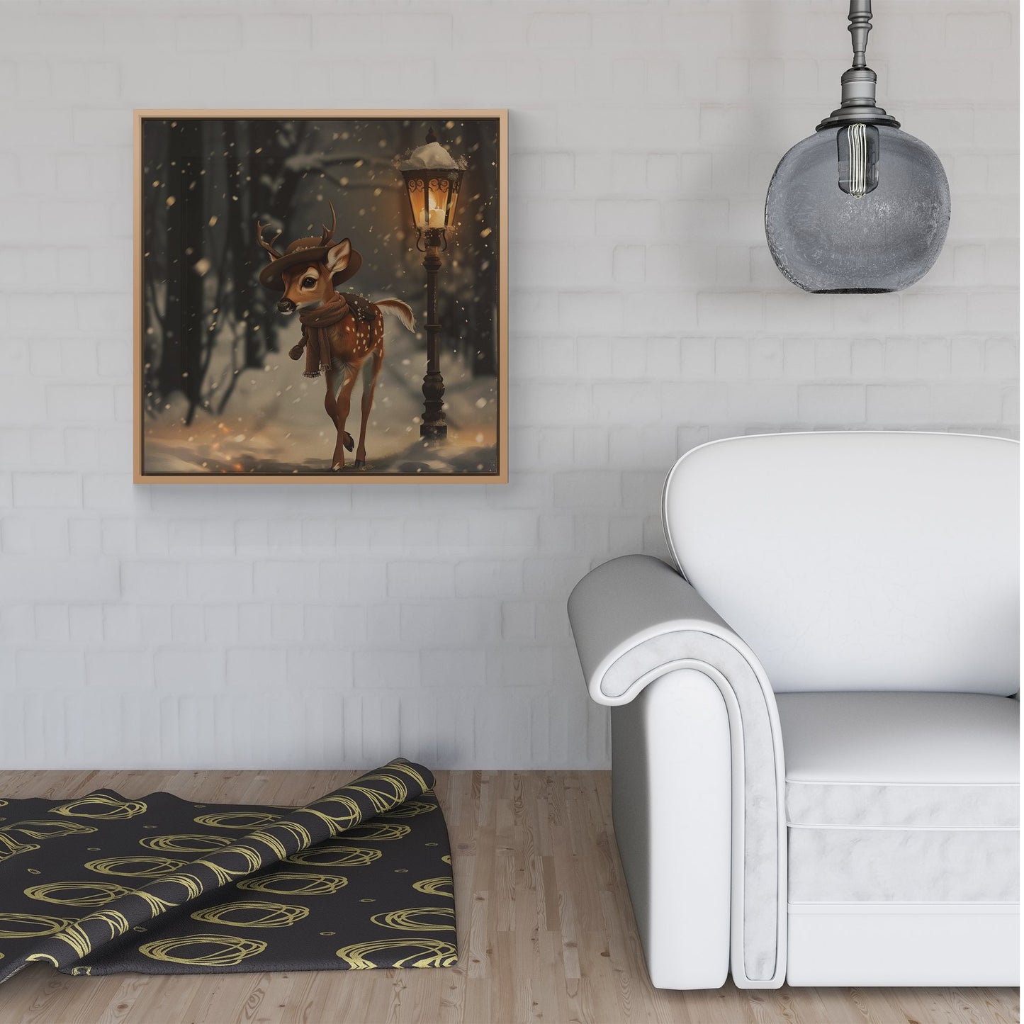 Fawn In A Snowy Scene Framed Canvas