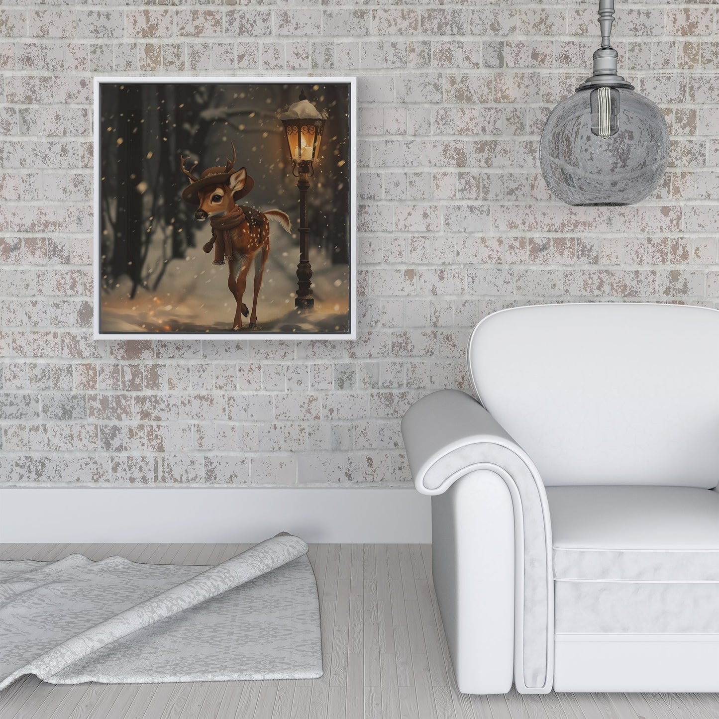 Fawn In A Snowy Scene Framed Canvas