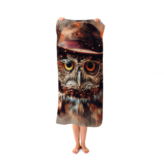 Owl With Hat And Glasses Beach Towel