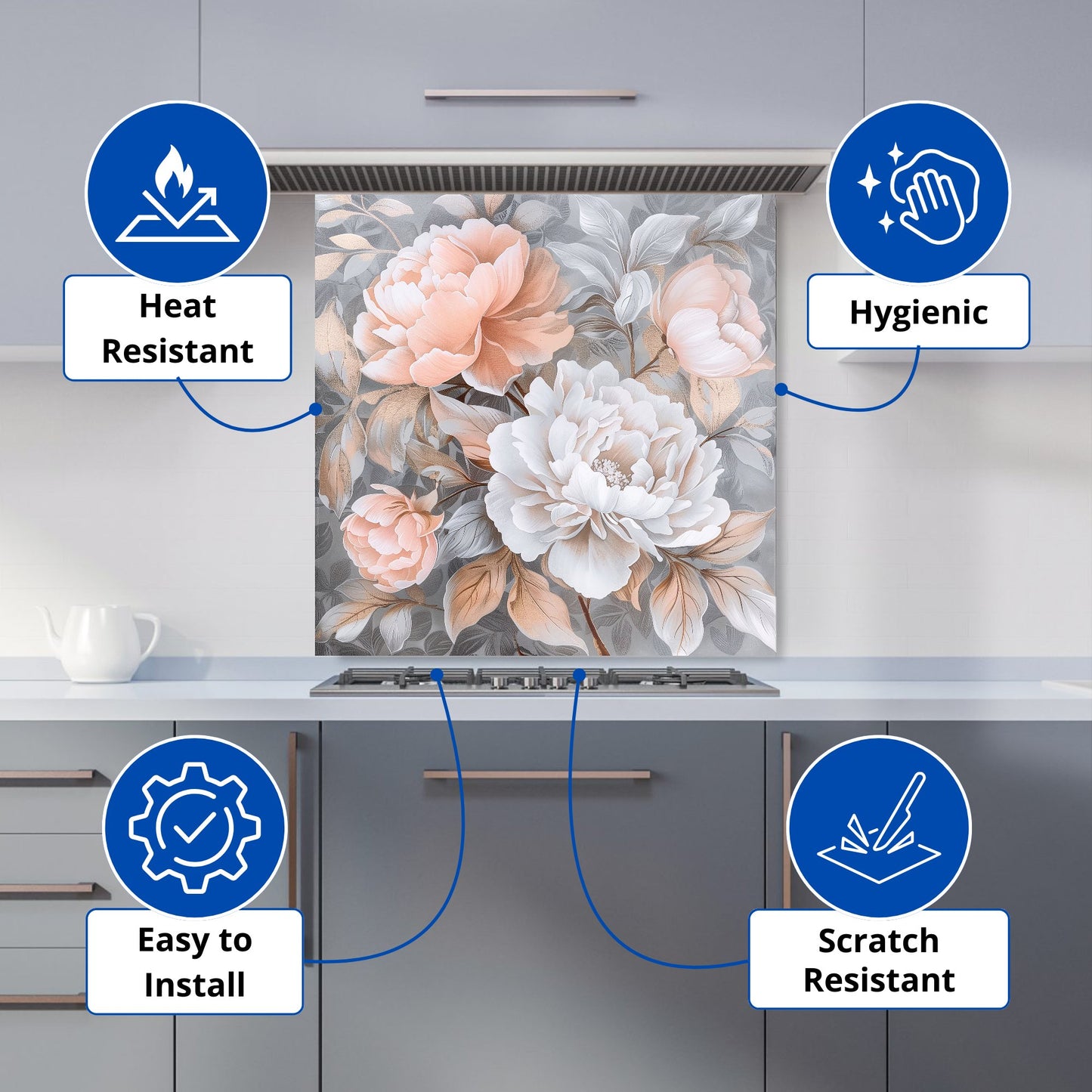 Blush Blossoms on Silver Kitchen Splashback