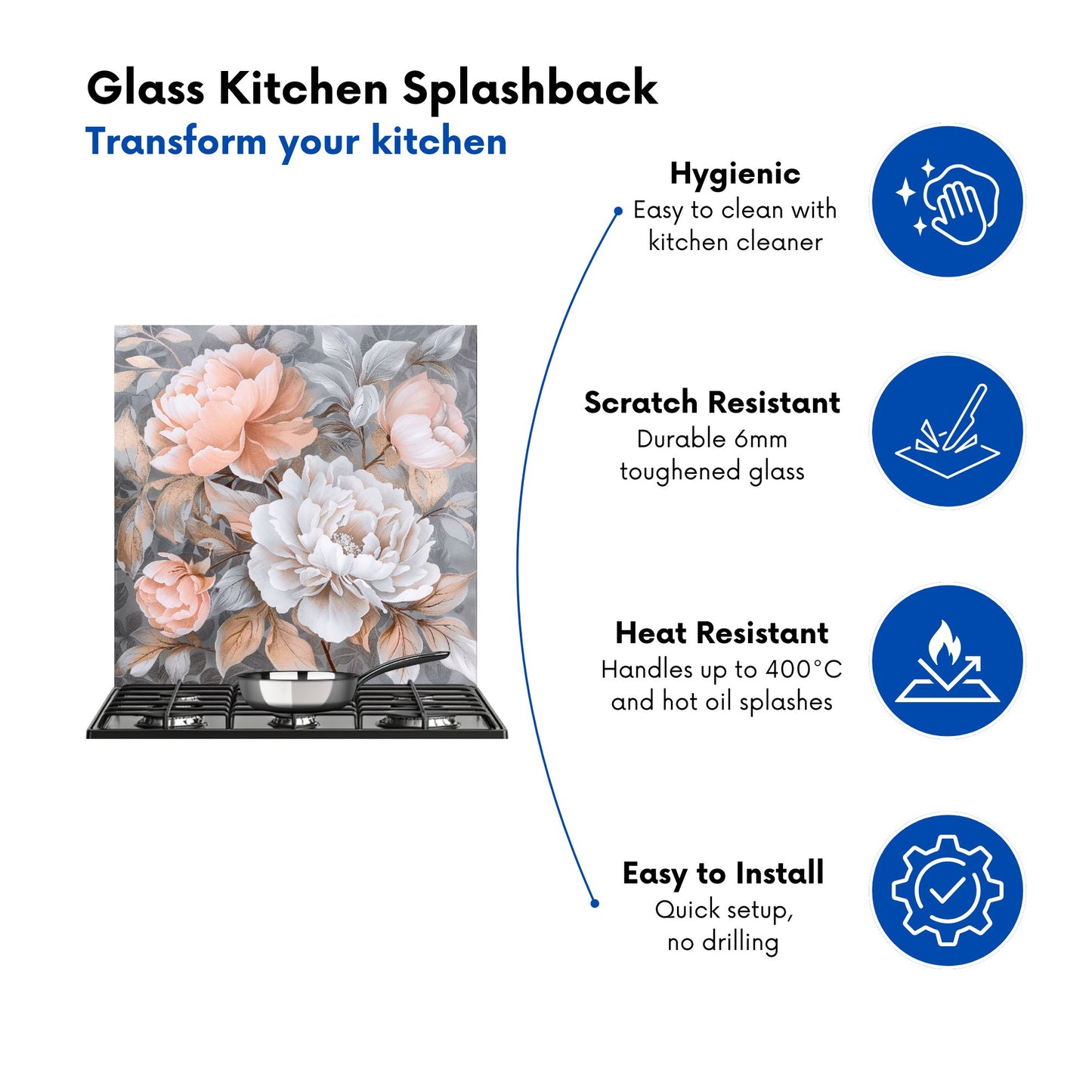 Blush Blossoms on Silver Kitchen Splashback