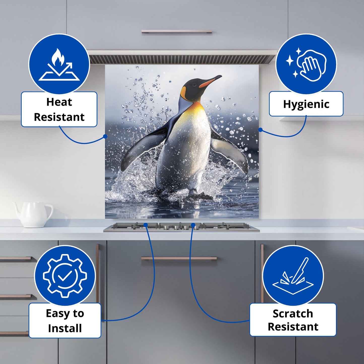 Regal Penguin in a Watery Burst Kitchen Splashback