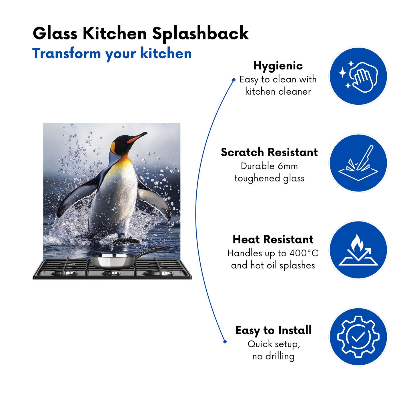 Regal Penguin in a Watery Burst Kitchen Splashback