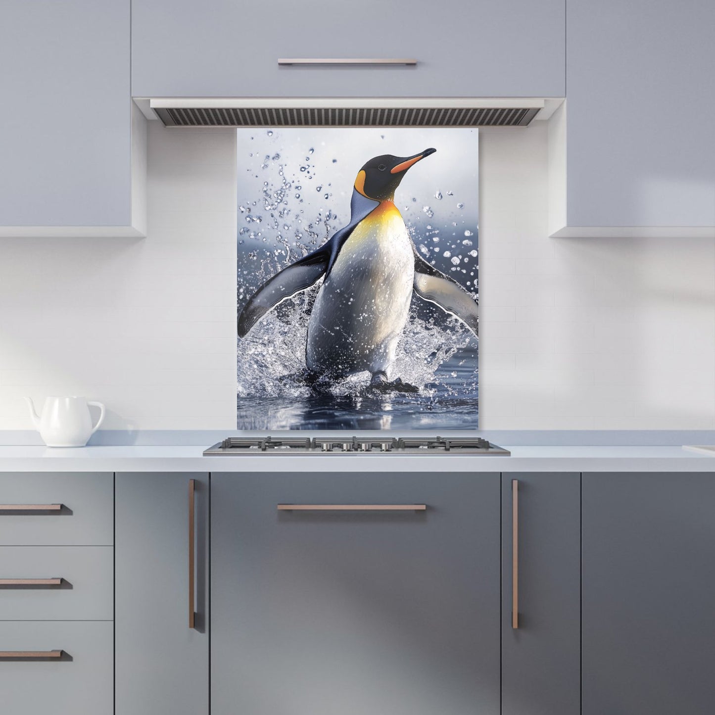 Regal Penguin in a Watery Burst Kitchen Splashback