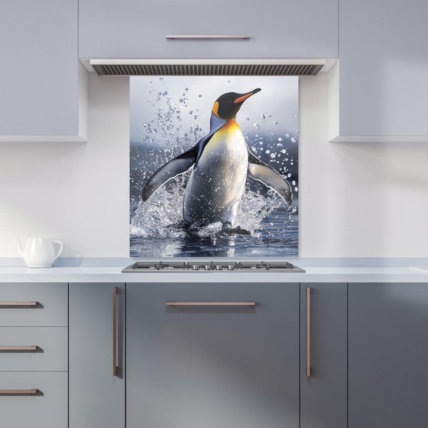 Regal Penguin in a Watery Burst Kitchen Splashback