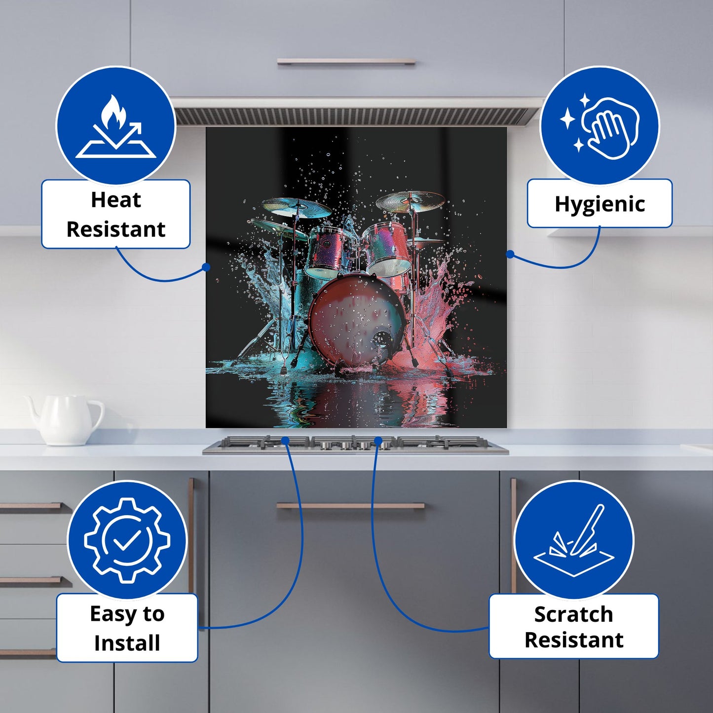 Rhythm in Splashing Drums Kitchen Splashback