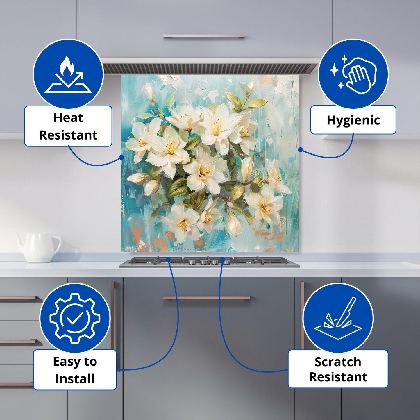 Fresh Jasmine in Blue Hue Kitchen Splashback