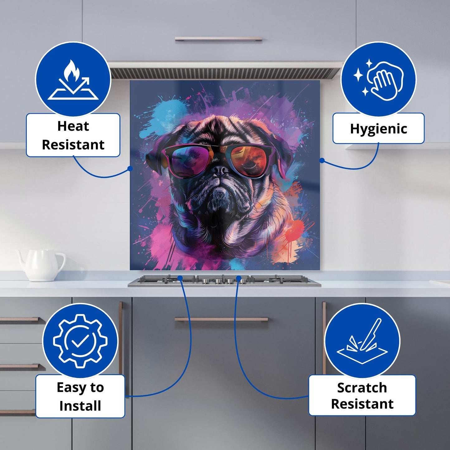 Vibrant Pug in Sunglasses Kitchen Splashback