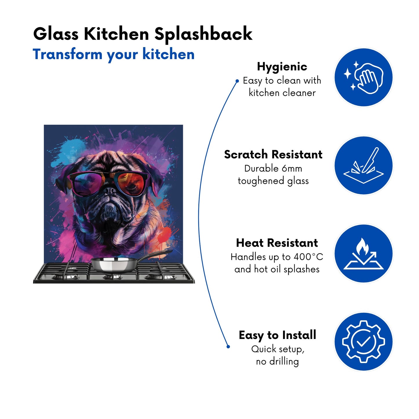 Vibrant Pug in Sunglasses Kitchen Splashback