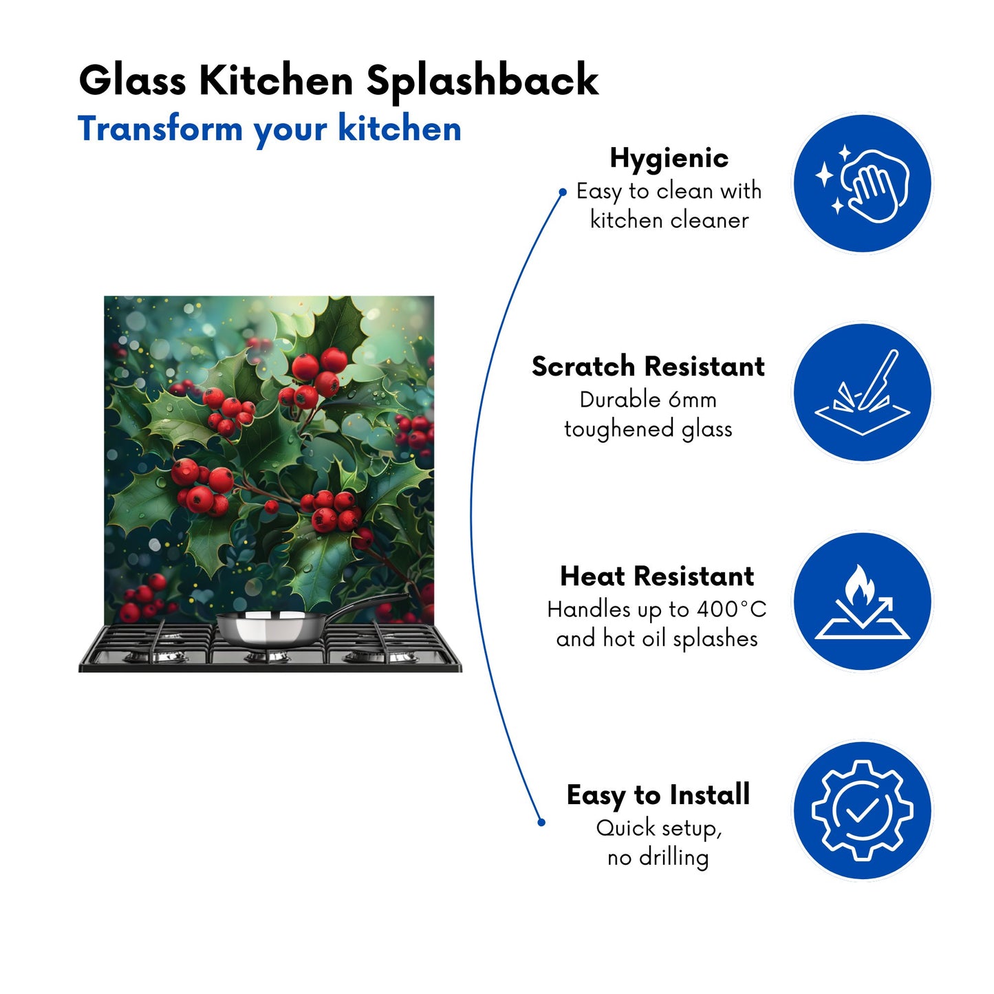 Festive Holly with Dew-Kissed Berries Kitchen Splashback