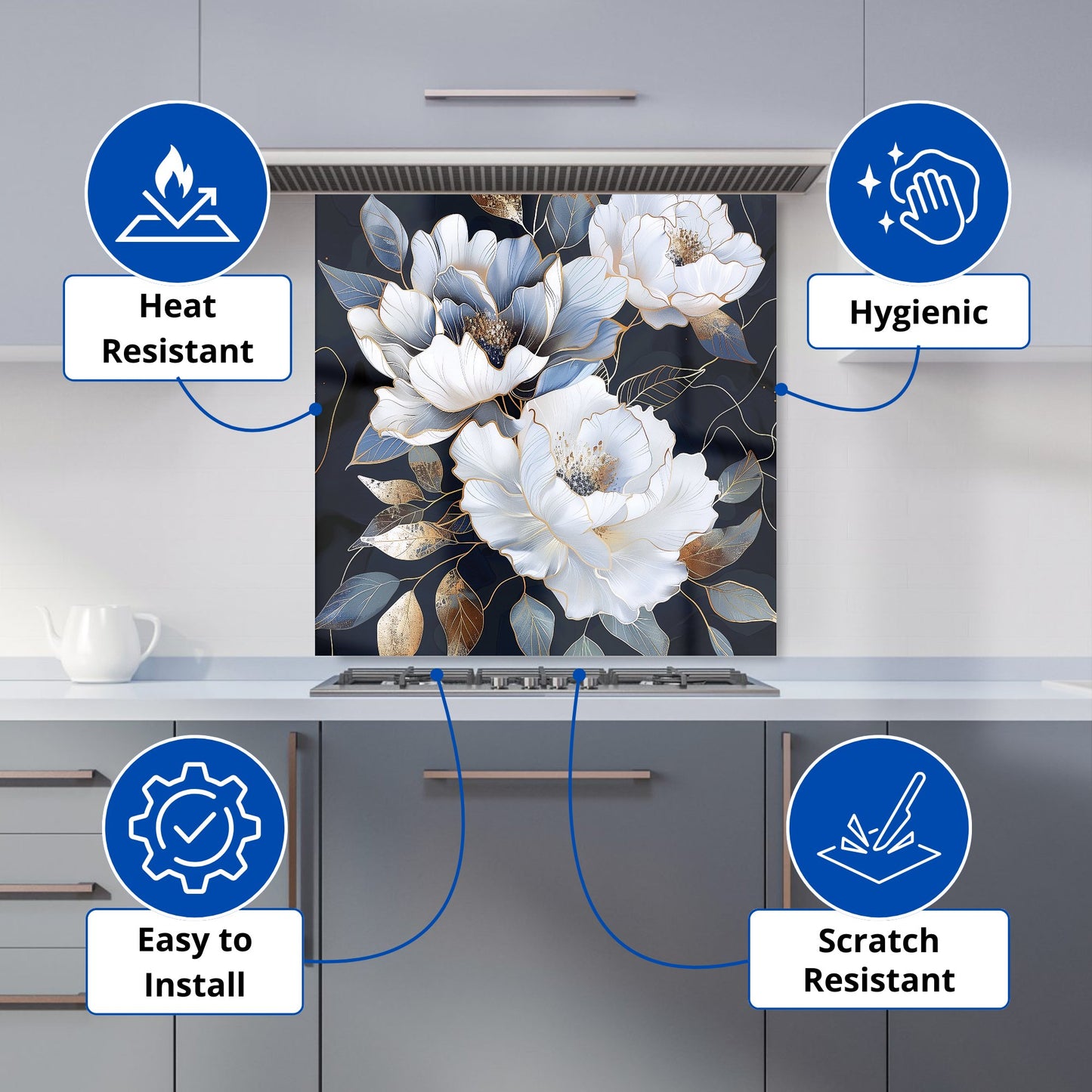 Elegant Floral Symphony in Blue and Gold Kitchen Splashback