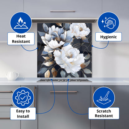 Elegant Floral Symphony in Blue and Gold Kitchen Splashback
