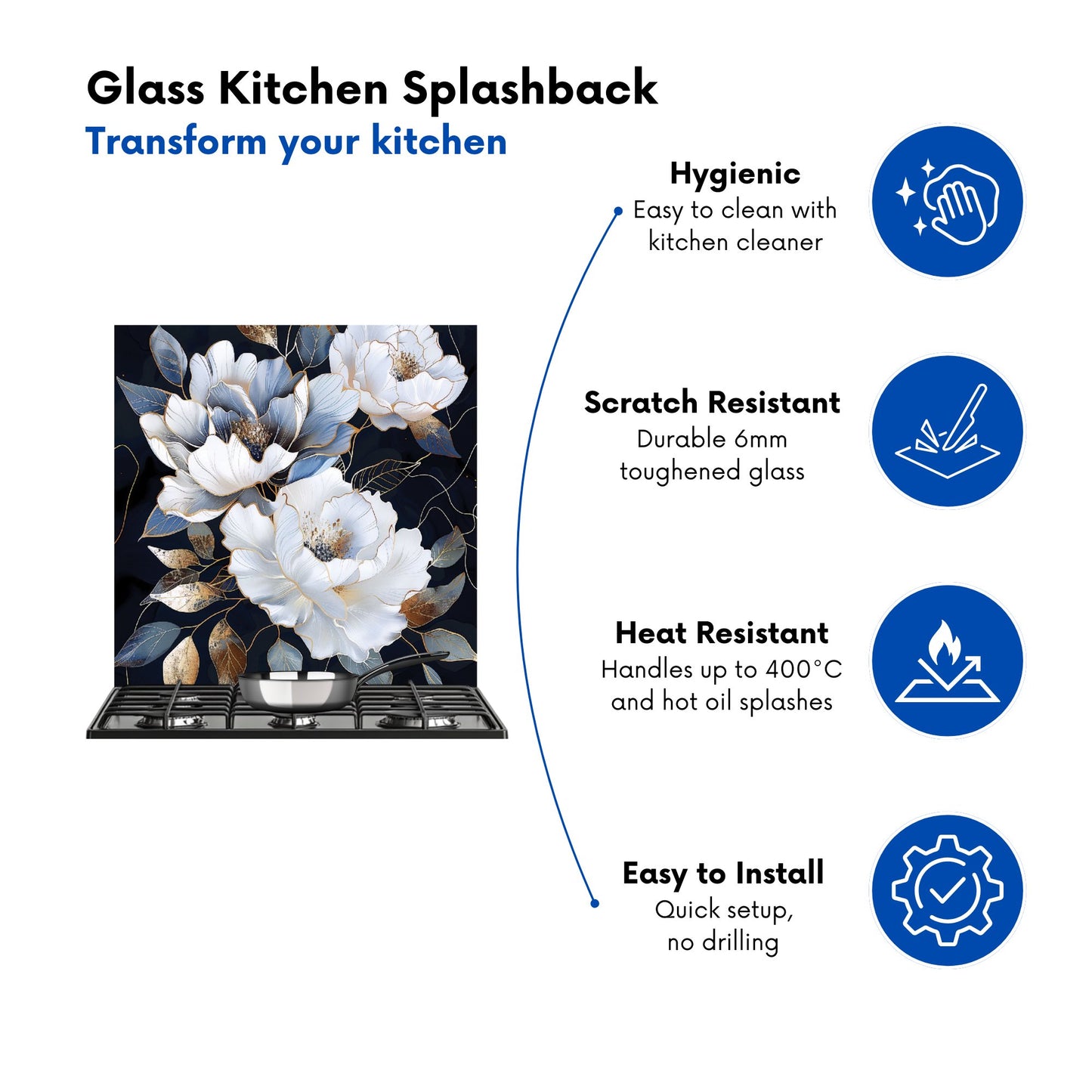 Elegant Floral Symphony in Blue and Gold Kitchen Splashback