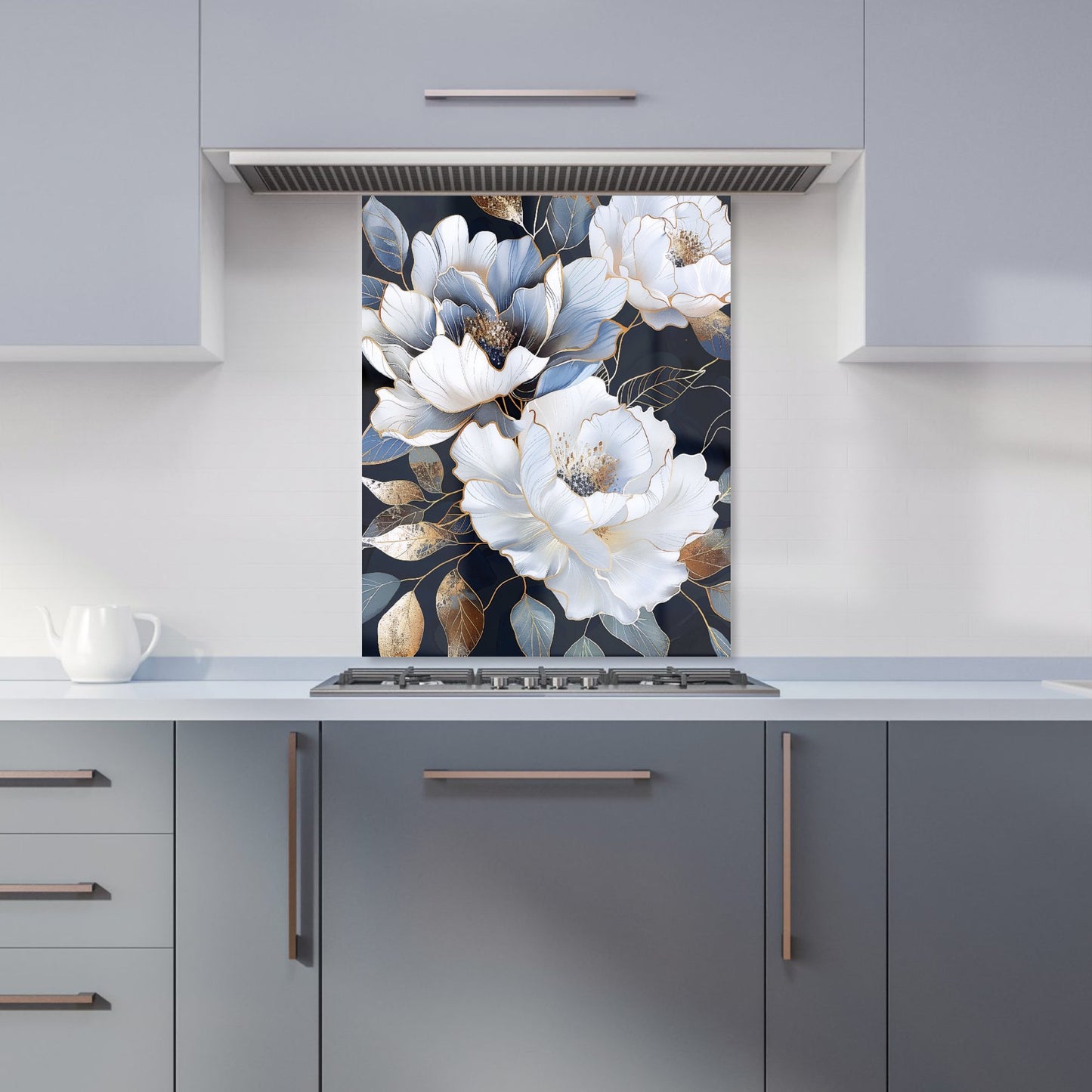 Elegant Floral Symphony in Blue and Gold Kitchen Splashback