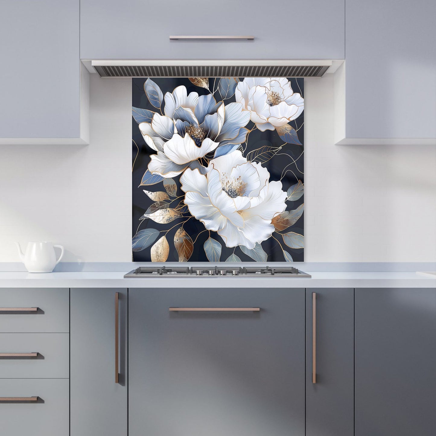 Elegant Floral Symphony in Blue and Gold Kitchen Splashback