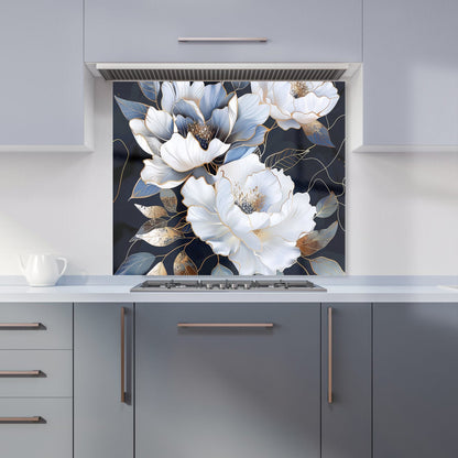 Elegant Floral Symphony in Blue and Gold Kitchen Splashback