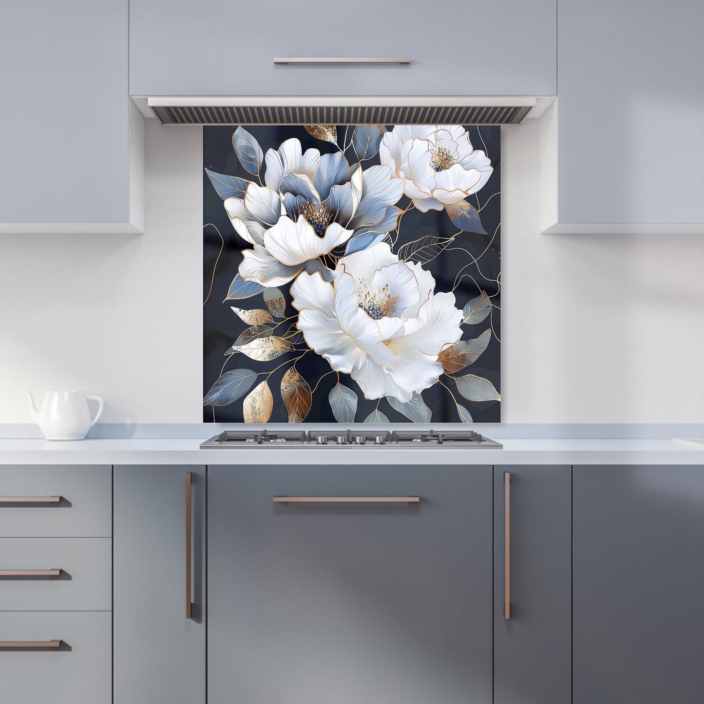Elegant Floral Symphony in Blue and Gold Kitchen Splashback